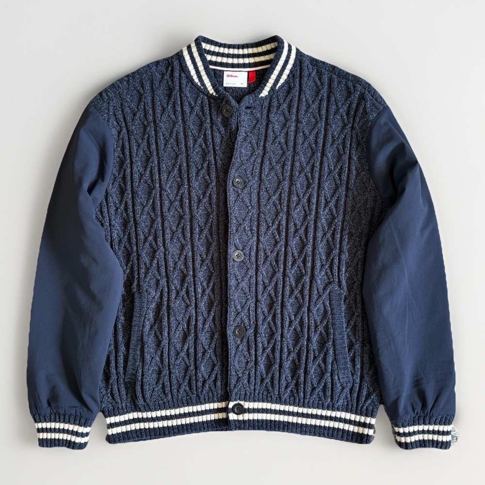 Wilson Cable Knit Varsity Bomber Jacket Sz XL Navy Button Front Tennis Golf $148
